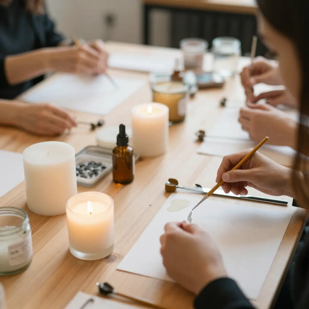Craft workshop session with candles and materials